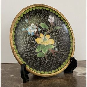 Vtg Chinese Cloisonne Small Hand Painted Floral Lotus Copper Plate Trinket Dish